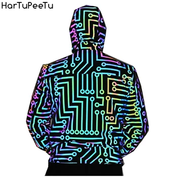 Femei Sacou Reflectorizant Hip Hop Canadiană Noapte Jachetă Cu Glugă Fluorescente, Îmbrăcăminte De Circuit Model Geometric Curcubeu Bărbați