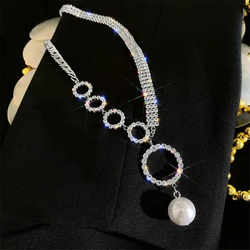 FYUAN Geometrică Cerc Stras Cravată Coliere pentru Femei Clavicula Lanț Pearl Pandantiv Coliere Nunti, Bijuterii Cadouri Partid