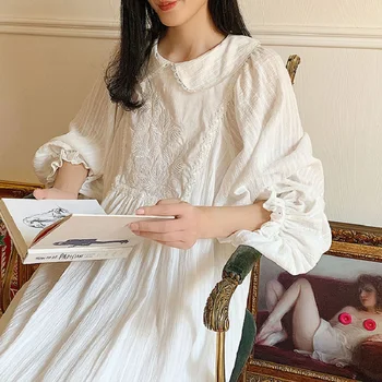 Vintage Broderie Albă de Bumbac Femei Lungă Cămăși de noapte Dulce Floral Pijamale Elegante, Feminine Primavara Toamna Rochie de Noapte