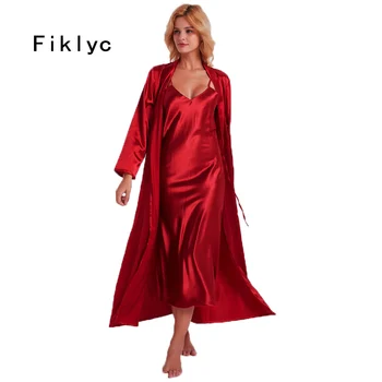 Fiklyc lenjerie 2019 primăvară sexy femei lungă cămașă de noapte + halate de baie doua piese roba & rochie de seturi de lenjerie SEXY din satin sleepwear