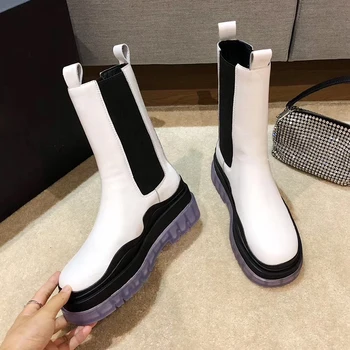 Chelsea Cizme Femei clar fund gros rotund toe platforma glezna cizme din piele scurt botas toamna iarna pantofi simpli
