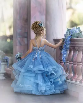 Ceata Albastra Floare Fata Rochii de Mireasa Dantela 3D Florale Appliqued fetițe Concurs de Rochie, Fuste vestidos de desfile