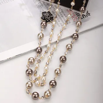 Lux design clasic camellia pearl lung lanț pulover colier femeie partid Dublu de Cristal colier accesorii