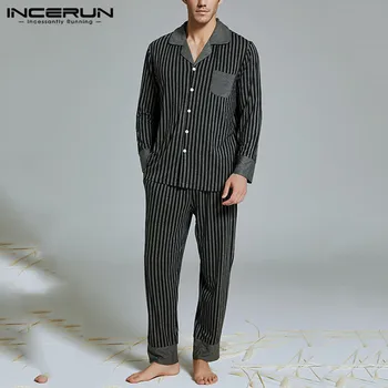 Moda Barbati cu Dungi Pijama Set Homewear Maneci Lungi Rever Pijamale Confortabile Pantaloni 2021 Toamna Barbati Pijamale Seturi INCERUN S-5XL