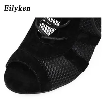 Eilyken 2021 Moda Negru Sandale de Vara din Dantela-Up legate Peep Toe cu Toc de Curea Glezna Net Suprafață Gol Afară de Sandale