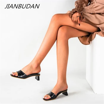 JIANBUDAN Noi Slide-uri de femei pu piele cu toc papuci de Modă pentru Femei sandale Sandale Dimensiune în plus în aer liber, papuci de casă 36-43