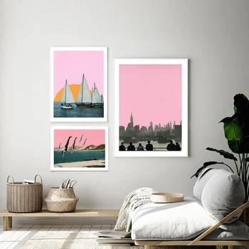 Stil roz Apus de soare Cu Barca Poster New York Nopți tablouri Decorative Moderne, Arta de Perete Tablouri pentru Living Decor Acasă