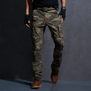Moda Streetwear Barbati Blugi Slim Fit În Aer Liber, Multiple Buzunare Casual Pantaloni De Marfă Armata Verde, Kaki Camuflaj Militar Pantaloni Barbati