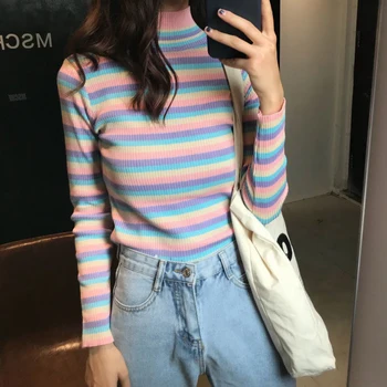 Toamna Femei Stand De Guler Maneca Lunga Din Tricot Colorat Cu Dungi T Shirt New Sosire Coreean Tee Harajuku Chic Streetwear Tricouri