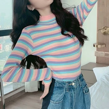 Toamna Femei Stand De Guler Maneca Lunga Din Tricot Colorat Cu Dungi T Shirt New Sosire Coreean Tee Harajuku Chic Streetwear Tricouri