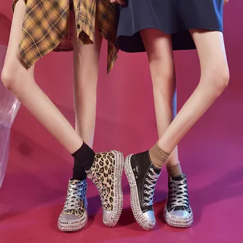 Femei adidași Sexy Leopard de Imprimare de Moda Nituri Femei Pantofi de Panza coreean de Agrement Dantela-Up Low High Top Adidași coș Femme
