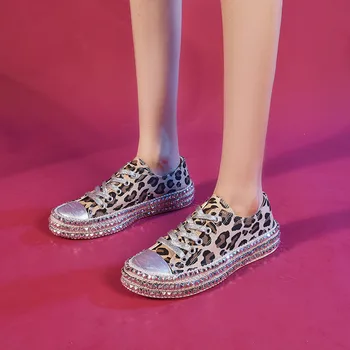 Femei adidași Sexy Leopard de Imprimare de Moda Nituri Femei Pantofi de Panza coreean de Agrement Dantela-Up Low High Top Adidași coș Femme