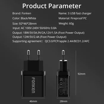 FONKEN Incarcator USB de Încărcare Rapidă 3.0 Incarcator Rapid 3 Port QC3.0 QC2.0 de Încărcare pentru Telefon Mobil, Tableta Multi Adaptor de Perete