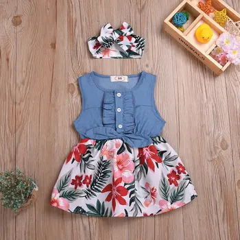 Cele mai noi Sosirea Copii Baby Girl Dress fără Mâneci Nod Denim Rochii Florale Gât Rotund + Bandă de Vară Dulce Tinutele de 1-6M