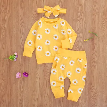 Copil nou-născut Fată Haine de Toamna, Drăguț Daisy PrintLong Maneca Pulover + Pantaloni + Bentita 3Pcs Set Haine 0-24 luni