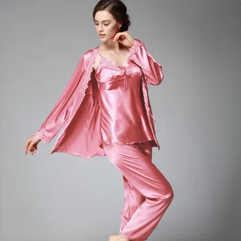 Femeile Mătase Vara Sexy Lenjerie De Dantelă Pijiama Satin Cu Maneci Lungi Pantaloni De Pijama Rochie Coreeană Trei Seturi De Pijama Roșie Sleepwear