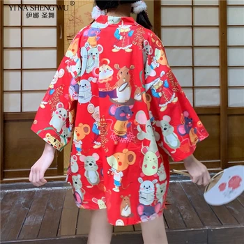 2020 Anul Nou de Șobolan Haori Japoneză Rat Print Kimono Femei Kwaii Cardigan Samurai din Asia Costum de Plaja Kimonouri Jacheta Yukata