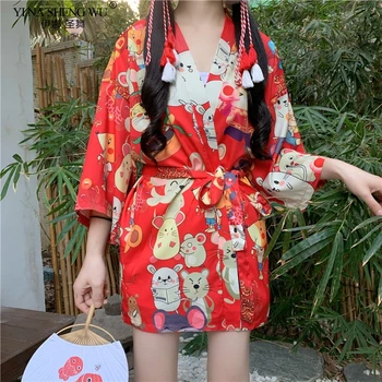 2020 Anul Nou de Șobolan Haori Japoneză Rat Print Kimono Femei Kwaii Cardigan Samurai din Asia Costum de Plaja Kimonouri Jacheta Yukata