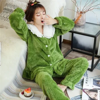 2020 Iarna Cald Îngroșa Feminin Pijamale Set Confortabil Moale Flanel Rever Îmbrăcăminte De Noapte Pentru Femei Cu Maneca Lunga Plus Dimensiune Pijamale