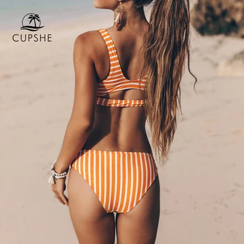 CUPSHE Portocaliu Și Alb Dungi Bowknot Bikini Seturi de Femei Tanga Sexy Două Piese de Costume de baie 2021 Fata de Plaja Costume de Baie