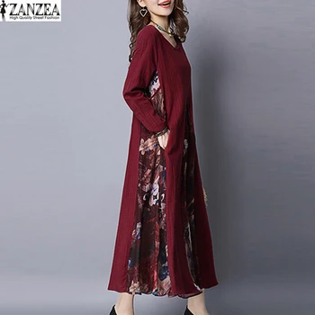 2021 ZANZEA Femei Vintage imprimeu Floral Maneca Lunga Rochie Lunga de Primăvară Patchwork Lenjerie de pat din Bumbac Maxi Vestido Halat Sundress