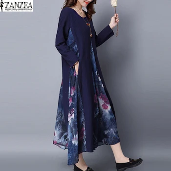 2021 ZANZEA Femei Vintage imprimeu Floral Maneca Lunga Rochie Lunga de Primăvară Patchwork Lenjerie de pat din Bumbac Maxi Vestido Halat Sundress