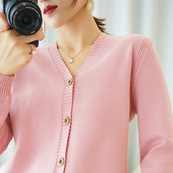 Femei jachete de toamna subțire de tricotat bluza mâneci lungi v-neck manșetă dens de cusut de calitate stele butonul femei tricotaje
