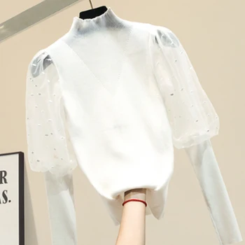 Shintimes 2020 Toamna Și Iarna Bluza Sexy Femei Stil coreean Guler de Dantelă Mozaic Camasi cu Maneci Lungi Tricotate Femei Topuri