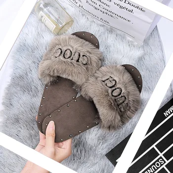Moda Sălbatic Iarna Noi Acasă Cald Scrisori de Păr Blană Papuci Sandale 2019 Noua de Pantofi pentru Femei de Moda On-line Celebritate Papuci