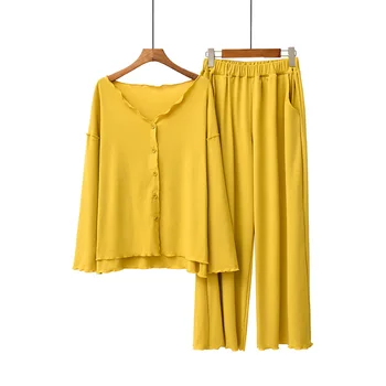 2020 Toamna Doamnelor Nou Set de Pijama Confort Culoare Solidă Femei Sexy V-Neck Homewear 2 buc Maneca Lunga+Pantaloni Casual Uzura