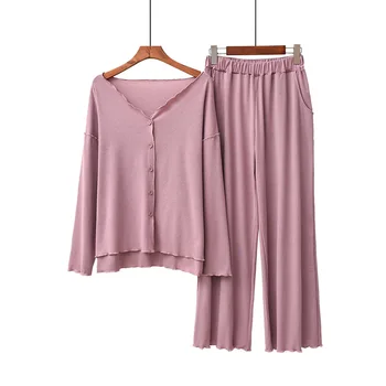 2020 Toamna Doamnelor Nou Set de Pijama Confort Culoare Solidă Femei Sexy V-Neck Homewear 2 buc Maneca Lunga+Pantaloni Casual Uzura