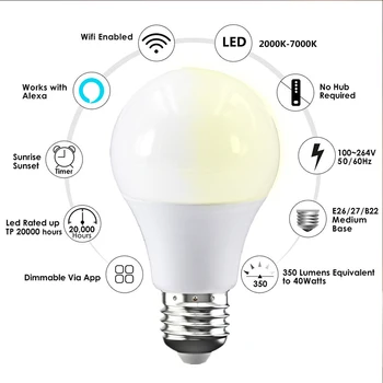 15W LED Smart Bulb Rece&Cald de Lumină Inteligent Wifi Bec Lucra Cu Alexa si Google Acasa 220V Control Vocal E27/B22 Inteligent Lampa
