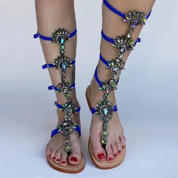 Femei Sandale Cizme Stras Doamna Genunchi Cizme Înalte Tocuri Subtiri De Mare Stiletto Cristal Rochie Pantofi De Vara Sandalias Boemia Stil
