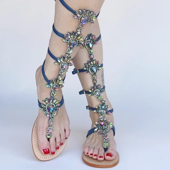 Femei Sandale Cizme Stras Doamna Genunchi Cizme Înalte Tocuri Subtiri De Mare Stiletto Cristal Rochie Pantofi De Vara Sandalias Boemia Stil