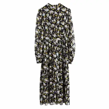 2020 Nou Toamna Iarna Femei Florale Imprimate Rochie de Gât Mâneci Lungi Rochie Midi Eleganta casual pentru Femei Vintage Haine