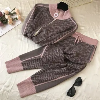 European de toamna/iarna moda refuz show subțire dulce vânt cu fermoar model tricotat sport de agrement două costume de sex feminin