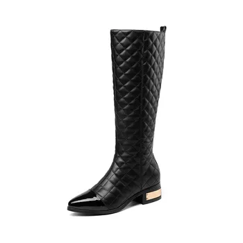 ASUMER 2020 plus dimensiune 43 de femei cizme genunchi ridicat din piele de brevet cizme de iarna cald zip solide de culori tocuri mici pantofi femei-negru