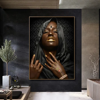 Negru și Auriu Turban Femeie Portret Panza Pictura Postere si Printuri Scandinave Arta de Perete Poza pentru Living Decorul Camerei