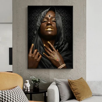 Negru și Auriu Turban Femeie Portret Panza Pictura Postere si Printuri Scandinave Arta de Perete Poza pentru Living Decorul Camerei