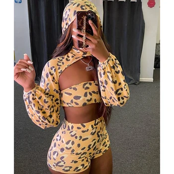 Femei Sexy Leopard Sport Costum 3 Piese Seturi De Streetwear Maneca Lunga Cu Gluga Oversleeve+Strapless Crop Top+Shorts Pentru Femei Haine