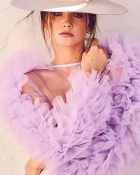 Drăguț Violet Tul Topuri Fetele Puffy Pur Vedea Prin Sexy High Street Tul Bluze Personalizate Cu Maneca Lunga Femei Plus Dimensiune De Sus