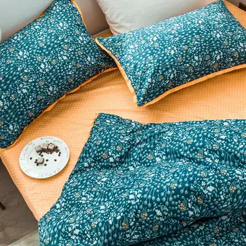 Bonenjoy Queen-Size Set de lenjerie de Pat de Culoare Albastru si Portocaliu Floare Mică Lenjerie de Pat Dublu pentru Adulti Singur Lenjerie de pat
