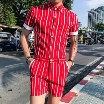 2019 Vara Designer de Moda pentru Bărbați Set 2 Piese Model cu Dungi Camasa Barbati Slim Red M-3XL mai Recente Dungi Tricou + pantaloni Scurți Set