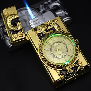 Ceas de aur Turbo Gaz Windproof Bricheta de Lux Jet Torch Lighter Trabuc, Țigară de Metal LED de Bricheta Umflate Benzina Butan