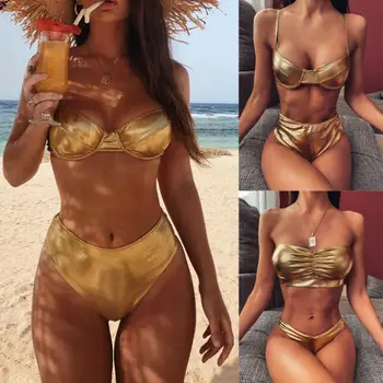 2020 Nouă Femei Bikini set Push-Up de Lux de Aur Aspect Umed, Costume de baie Doua piese Push up costume de Baie Femei costum de Baie Chic