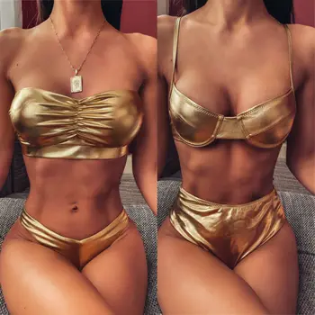 2020 Nouă Femei Bikini set Push-Up de Lux de Aur Aspect Umed, Costume de baie Doua piese Push up costume de Baie Femei costum de Baie Chic