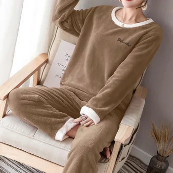 Coreeană Flanel Cald Pijamale pentru Femei cu Maneca Lunga Acasa Costum Doamnelor Sleepwear Solid Catifea set Pijama Groasă Feminino Pijamale
