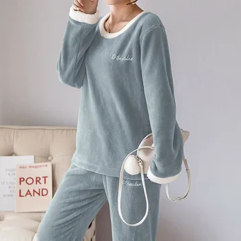 Coreeană Flanel Cald Pijamale pentru Femei cu Maneca Lunga Acasa Costum Doamnelor Sleepwear Solid Catifea set Pijama Groasă Feminino Pijamale