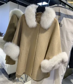 2020 Casual Jacheta De Iarna Pentru Femei Naturale Reale De Blană De Vulpe Guler De Lână Cașmir Amestecuri De Îmbrăcăminte Exterioară Strat De Streetwear Liber Mantie