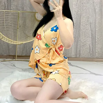 2020 Set de Pijama pentru Femei Kimono Japonez Vara Bumbac V-gât Bretele de Top, pantaloni Scurți, Pijamale Sexy Lounge Purta Dantelă-Up